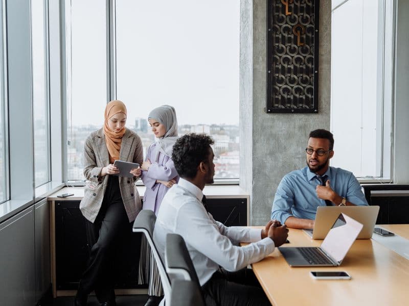A diverse team meeting in a modern office